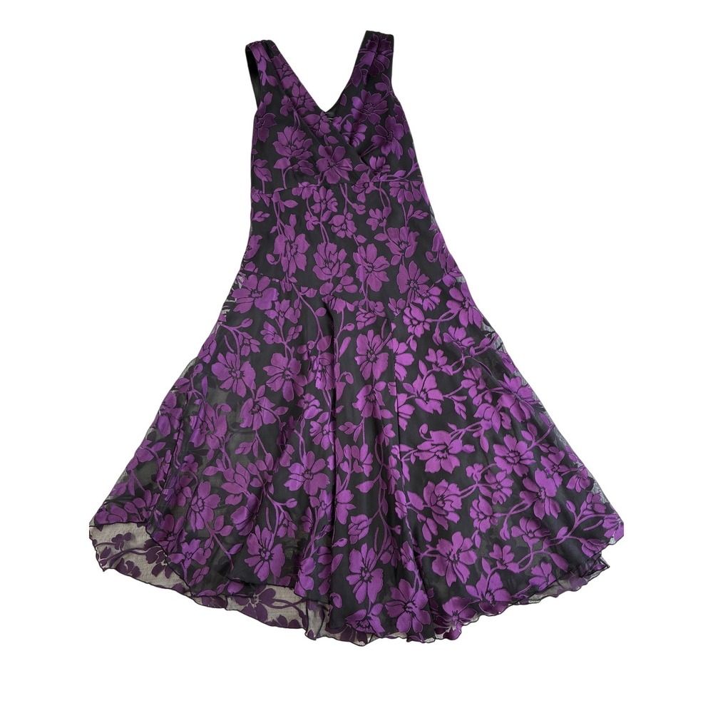 Vtg Y2K Dress Barn Dress 14 Maxi Black Purple Floral Burnout‎ Overlay Whimsical